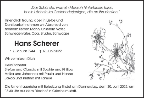 Traueranzeige von Hans Scherer von vrm-trauer Darmstädter Echo