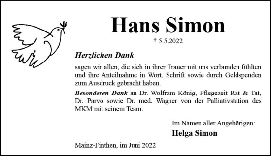 Traueranzeige von Hans Simon von vrm-trauer AZ Mainz