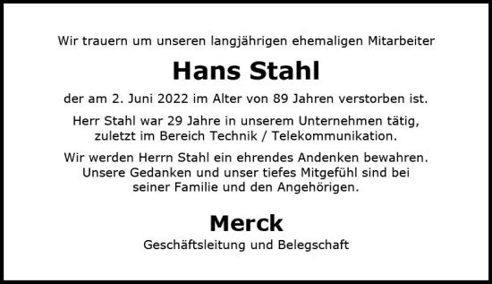 Traueranzeige von Hans Stahl von vrm-trauer Darmstädter Echo
