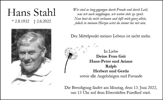 Traueranzeige von Hans Stahl von vrm-trauer Darmstädter Echo