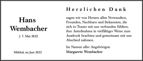 Traueranzeige von Hans Wembach von vrm-trauer Darmstädter Echo