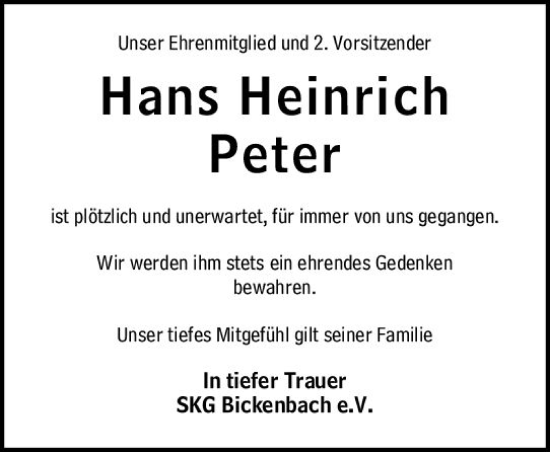 Traueranzeige von Hans Heinrich Peter von vrm-trauer Darmstädter Echo