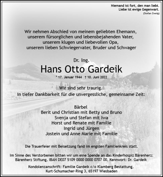 Traueranzeige von Hans Otto Gardeik von vrm-trauer Wiesbadener Kurier