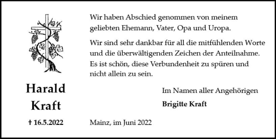 Traueranzeige von Harald Kraft von vrm-trauer AZ Mainz