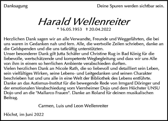 Traueranzeige von Harald Wellenreiter von vrm-trauer Odenwälder Echo