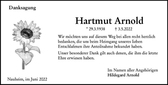 Traueranzeige von Hartmut Arnold von vrm-trauer Rüsselsheimer Echo / MainSpitze