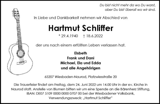 Traueranzeige von Hartmut Schliffer von vrm-trauer Wiesbadener Kurier