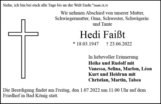 Traueranzeige von Hedi Faißt von vrm-trauer Odenwälder Echo