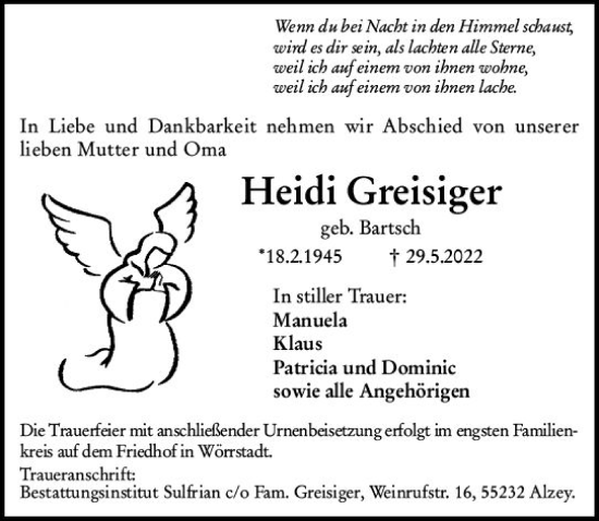 Traueranzeige von Heidi Greisiger von vrm-trauer Allgemeine Zeitung Alzey