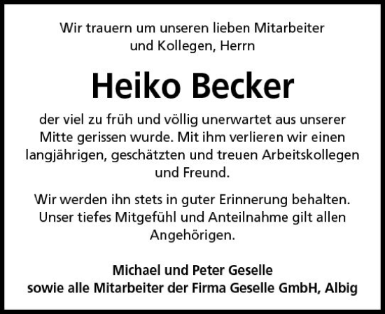 Traueranzeige von Heiko Becker von vrm-trauer Allgemeine Zeitung Alzey
