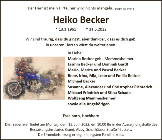 Traueranzeige von Heiko Becker von vrm-trauer Allgemeine Zeitung Alzey