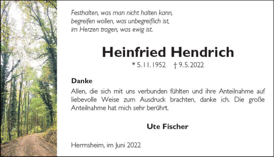Traueranzeige von Heinfried Hendrich von vrm-trauer Wormser Zeitung