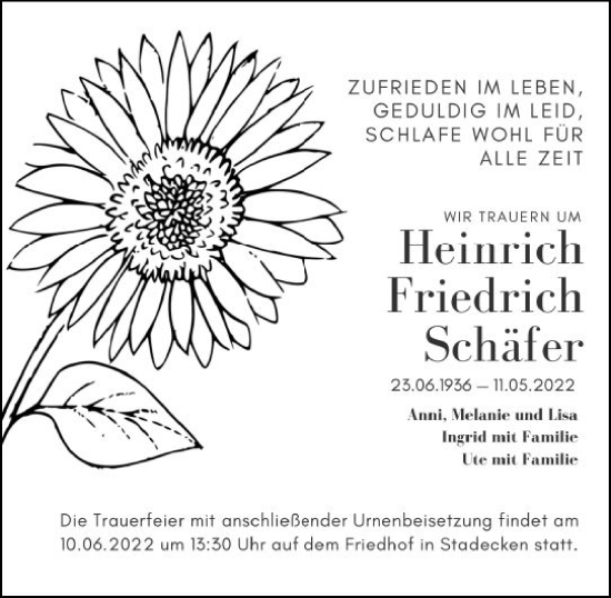 Traueranzeige von Heinrich Friedrich Schäfer von vrm-trauer AZ Mainz