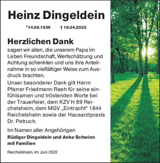 Traueranzeige von Heinz Dingeldein von vrm-trauer Odenwälder Echo