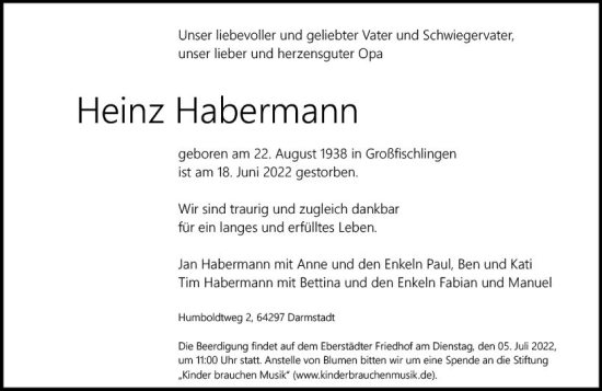 Traueranzeige von Heinz Habermann von vrm-trauer Darmstädter Echo