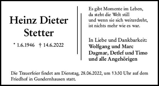 Traueranzeige von Heinz Dieter Stetter von vrm-trauer Darmstädter Echo