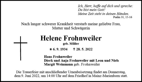 Traueranzeige von Helene Frohnweiler von vrm-trauer AZ Mainz