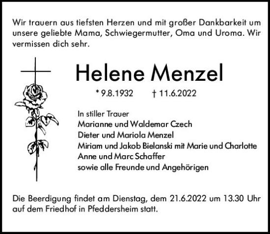 Traueranzeige von Helene Menzel von vrm-trauer Wormser Zeitung