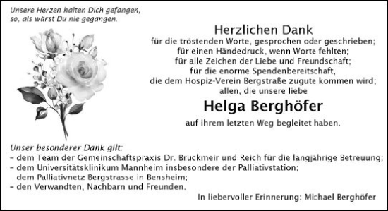 Traueranzeige von Helga Berghöfer von vrm-trauer Bürstädter/Lamperth. Ztg/Starkenburger