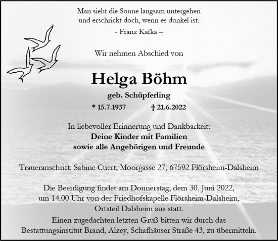 Traueranzeige von Helga Böhm von vrm-trauer Allgemeine Zeitung Alzey