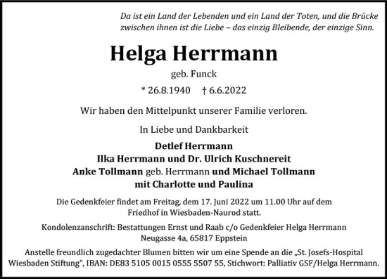 Traueranzeige von Helga Herrmann von vrm-trauer Wiesbadener Kurier