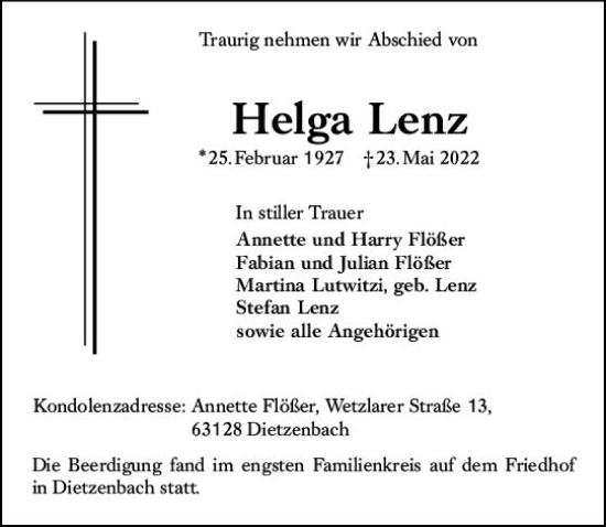 Traueranzeige von Helga Lenz von vrm-trauer Wiesbadener Kurier