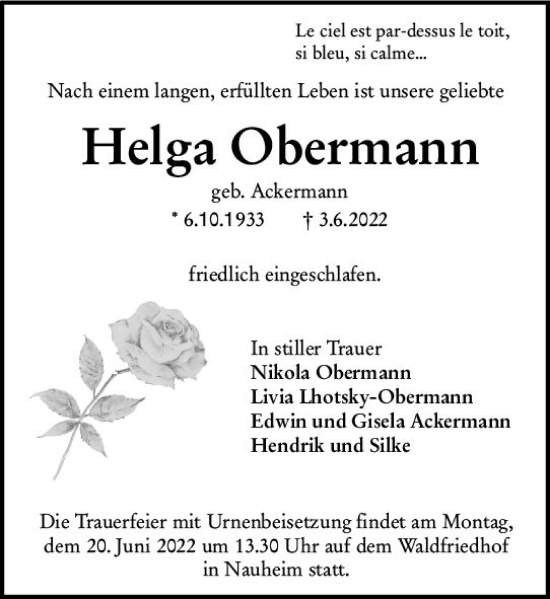 Traueranzeige von Helga Obermann von vrm-trauer Groß-Gerauer Echo
