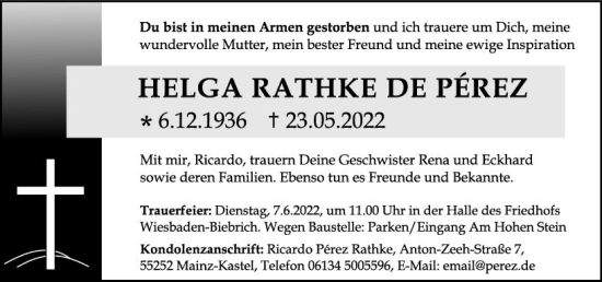 Traueranzeige von Helga Rathke von vrm-trauer Wiesbadener Kurier
