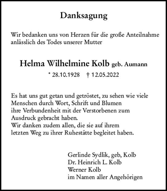 Traueranzeige von Helma Wilhelmine Kolb von vrm-trauer Darmstädter Echo