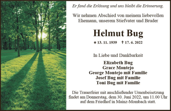 Traueranzeige von Helmut Bug von vrm-trauer AZ Mainz