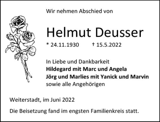 Traueranzeige von Helmut Deusser von vrm-trauer Darmstädter Echo