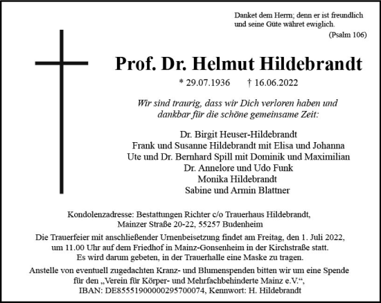 Traueranzeige von Helmut Hildebrandt von vrm-trauer AZ Mainz