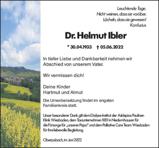 Traueranzeige von Helmut Ibler von vrm-trauer Wiesbadener Kurier