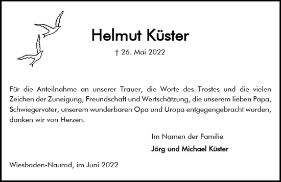 Traueranzeige von Helmut Küster von vrm-trauer Wiesbadener Kurier