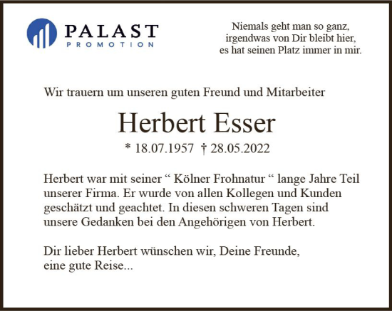 Traueranzeige von Herbert Esser von vrm-trauer Wiesbadener Kurier