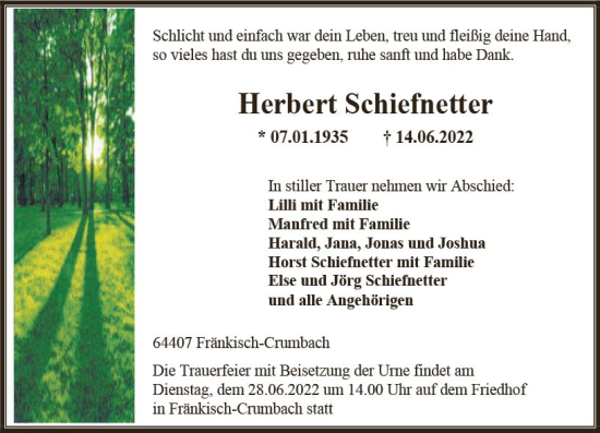 Traueranzeige von Herbert Schiefnetter von vrm-trauer Odenwälder Echo