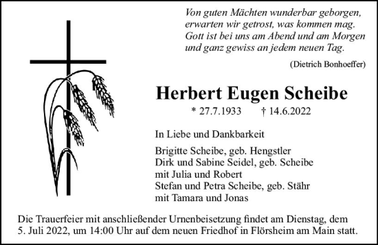 Traueranzeige von Herbert Eugen Scheibe von vrm-trauer Rüsselsheimer Echo / MainSpitze