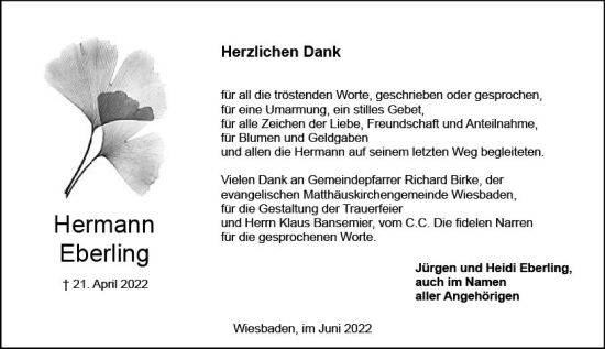 Traueranzeige von Hermann Eberling von vrm-trauer Wiesbadener Kurier