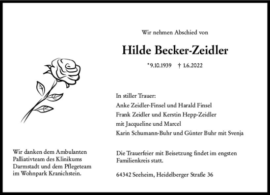 Traueranzeige von Hilde Becker-Zeidler von vrm-trauer Darmstädter Echo