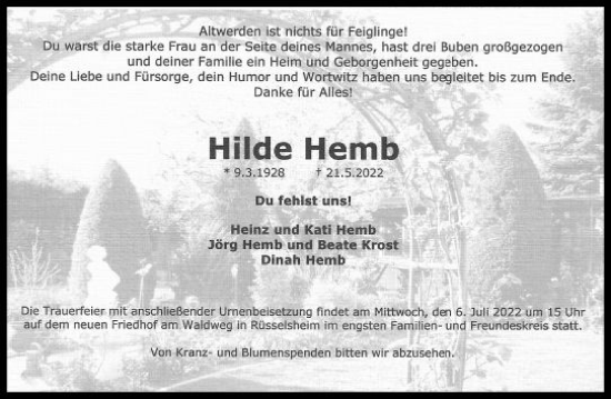 Traueranzeige von Hilde Hemb von vrm-trauer Rüsselsheimer Echo / MainSpitze