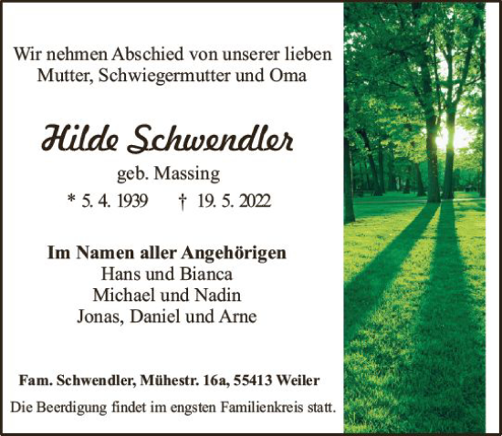 Traueranzeige von Hilde Schwendler von vrm-trauer Allgemeine  Zeitung Ingelheim-Bingen
