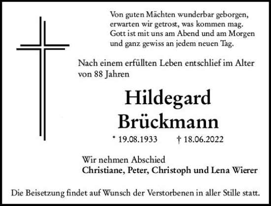 Traueranzeige von Hildegard Brückmann von vrm-trauer Wormser Zeitung