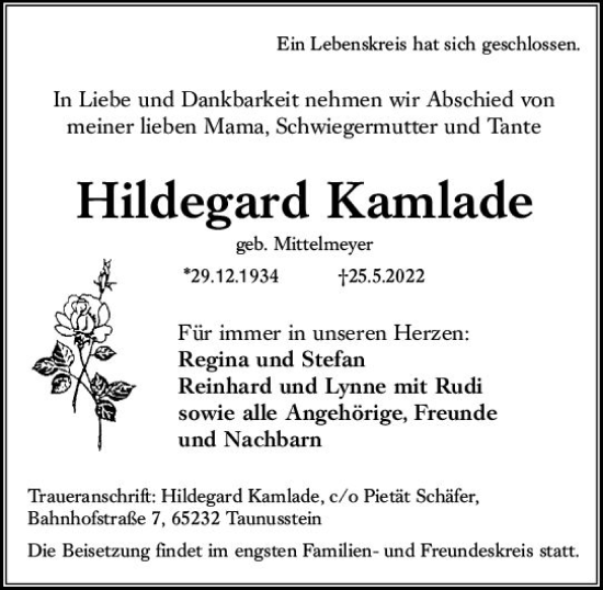 Traueranzeige von Hildegard Kamlade von vrm-trauer Wiesbadener Kurier