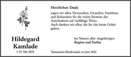 Traueranzeige von Hildegard Kamlade von vrm-trauer Wiesbadener Kurier