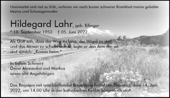 Traueranzeige von Hildegard Lahr von vrm-trauer AZ Mainz