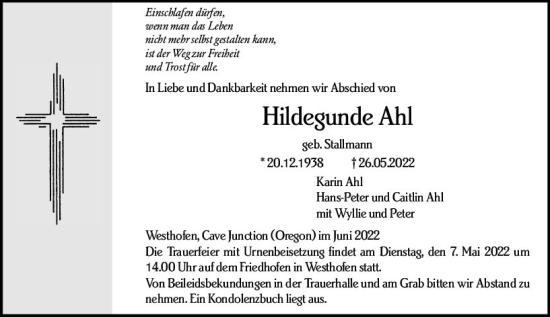 Traueranzeige von Hildegunde Ahl von vrm-trauer Wormser Zeitung