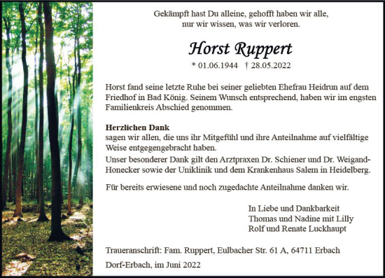 Traueranzeige von Horst Ruppert von vrm-trauer Odenwälder Echo