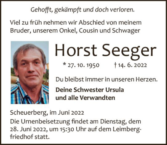 Traueranzeige von Horst Seeger von vrm-trauer Odenwälder Echo