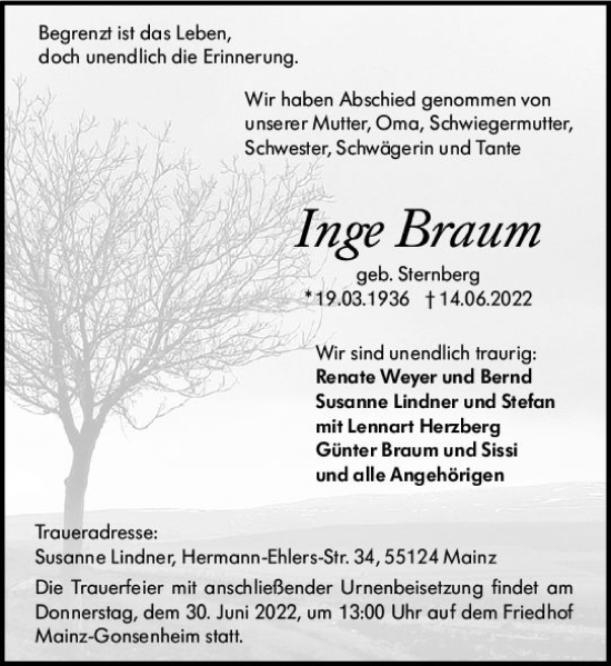 Traueranzeige von Inge Braum von vrm-trauer AZ Mainz
