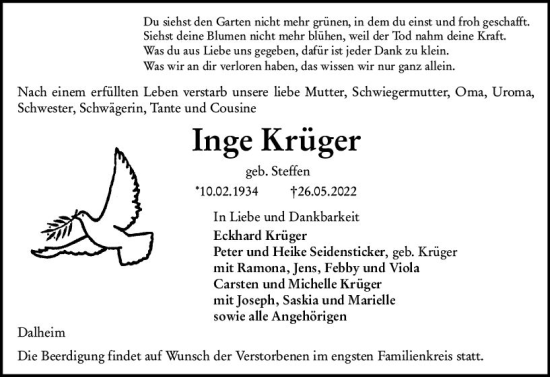 Traueranzeige von Inge Krüger von vrm-trauer AZ Mainz